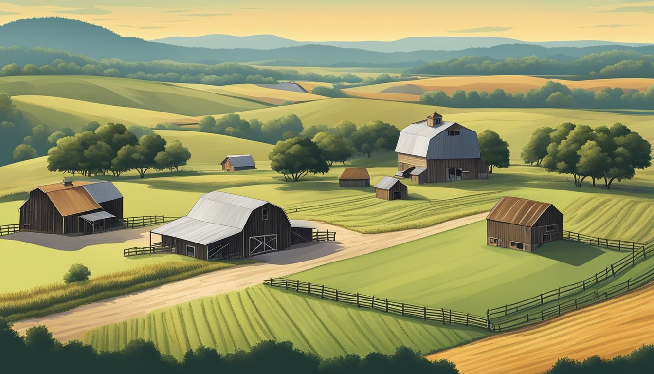 A rural landscape with a farmhouse, barn, and grazing livestock surrounded by open fields and rolling hills in Wood County, Texas