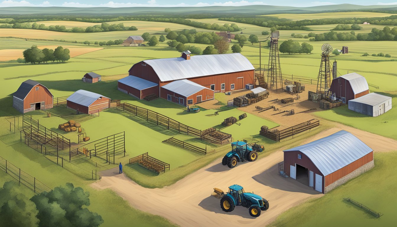 A rural landscape in Wheeler County, Texas, with a farm, livestock, and agricultural equipment, all surrounded by fences and marked with ag exemption signs