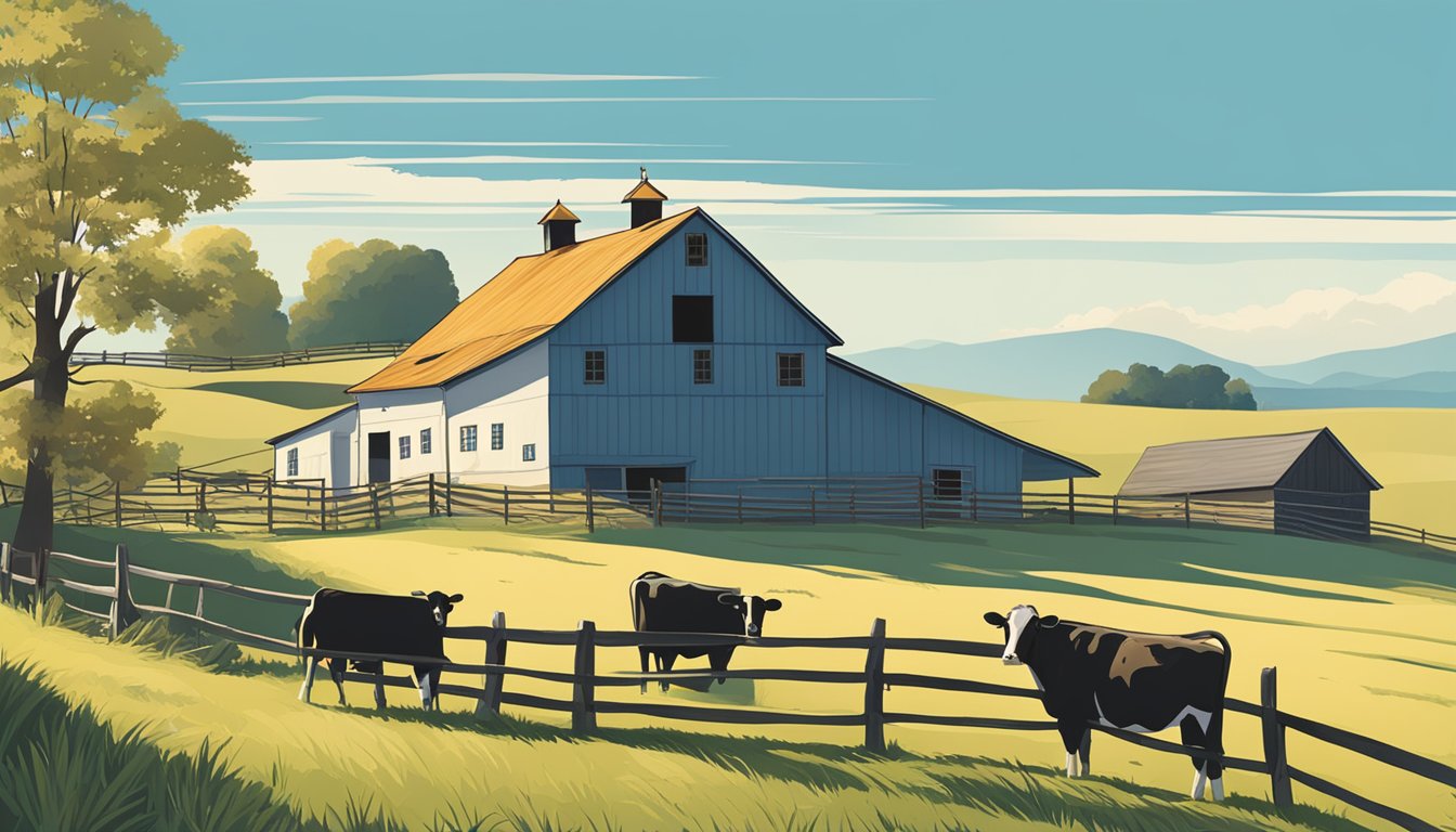 A rural landscape with a farmhouse, barn, and grazing cattle under a clear blue sky