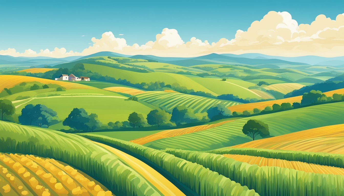 Rolling hills of farmland, dotted with grazing cattle and rows of crops, under a bright blue sky