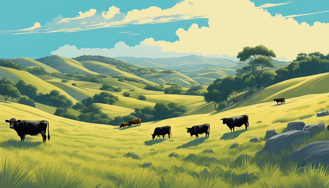 Rolling hills of Val Verde County with cattle grazing under a bright blue sky