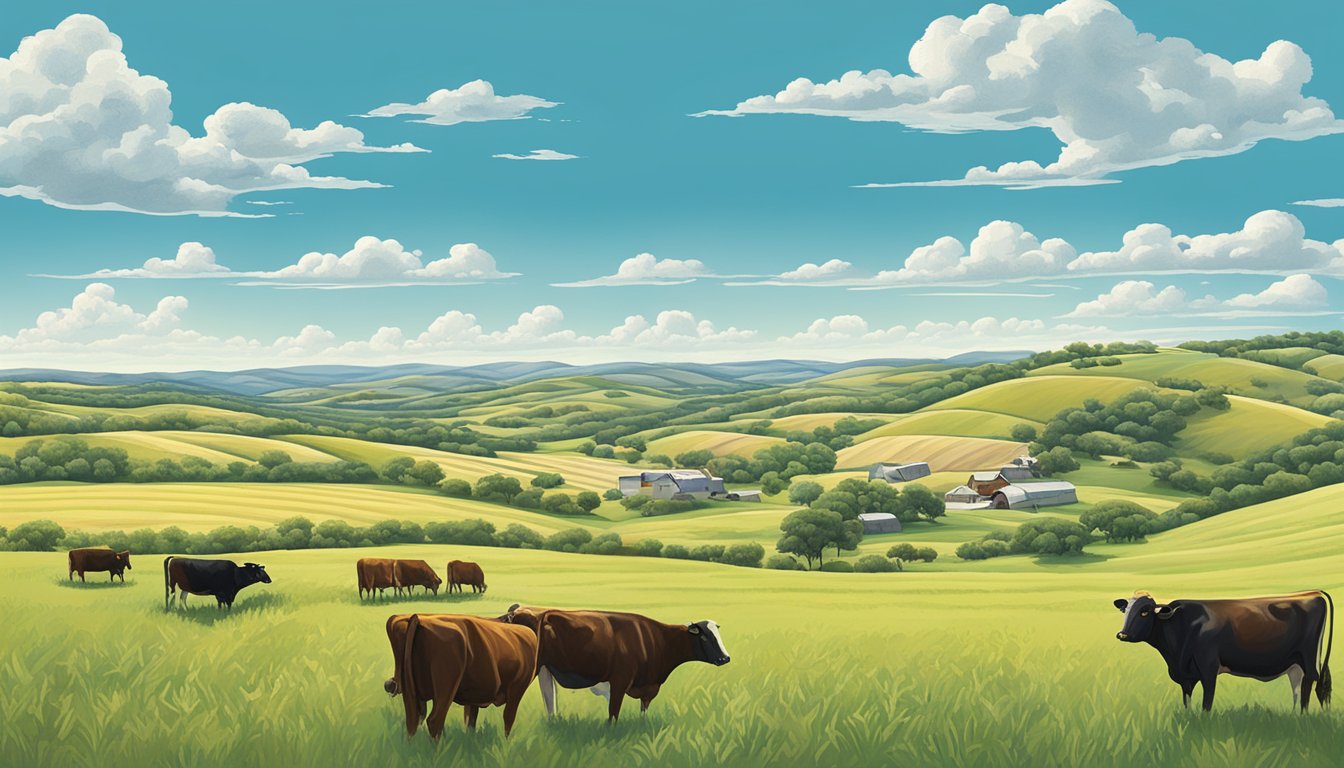 Rolling hills with cattle grazing, fields of crops and farm equipment under a bright blue sky in Val Verde County, Texas