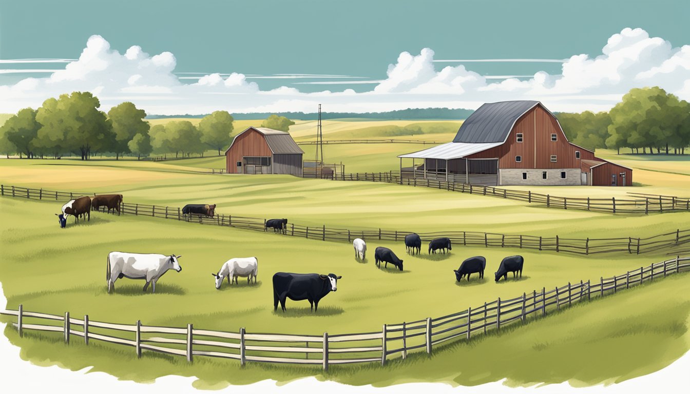 A rural landscape with a farmhouse, barn, and livestock surrounded by open fields and fenced pastures in Wood County, Texas