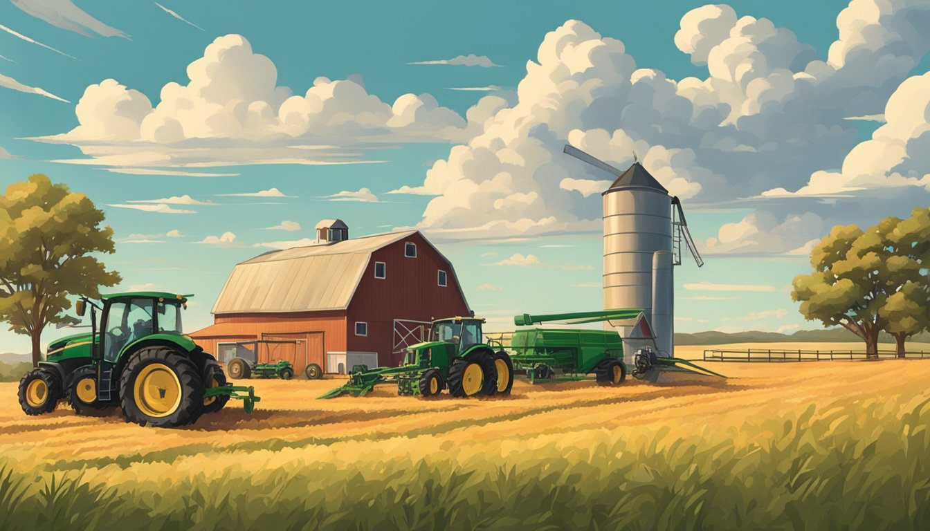 A rural landscape with a farm, livestock, and agricultural equipment under a bright Texas sky