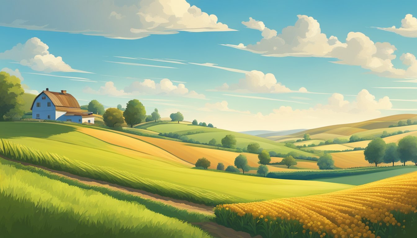 A rural landscape with rolling hills, a farmhouse, and fields of crops under a bright blue sky