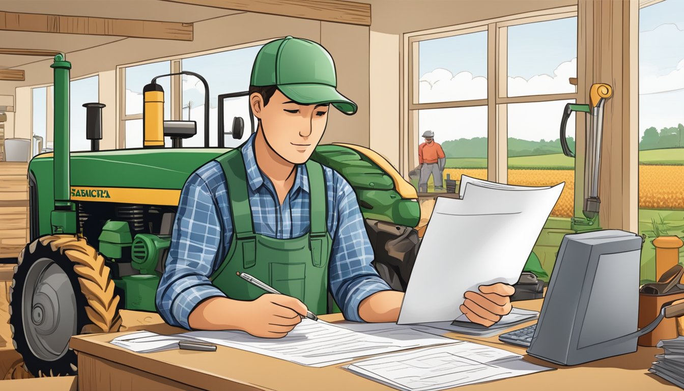 A farmer filling out paperwork at a desk with agricultural equipment in the background