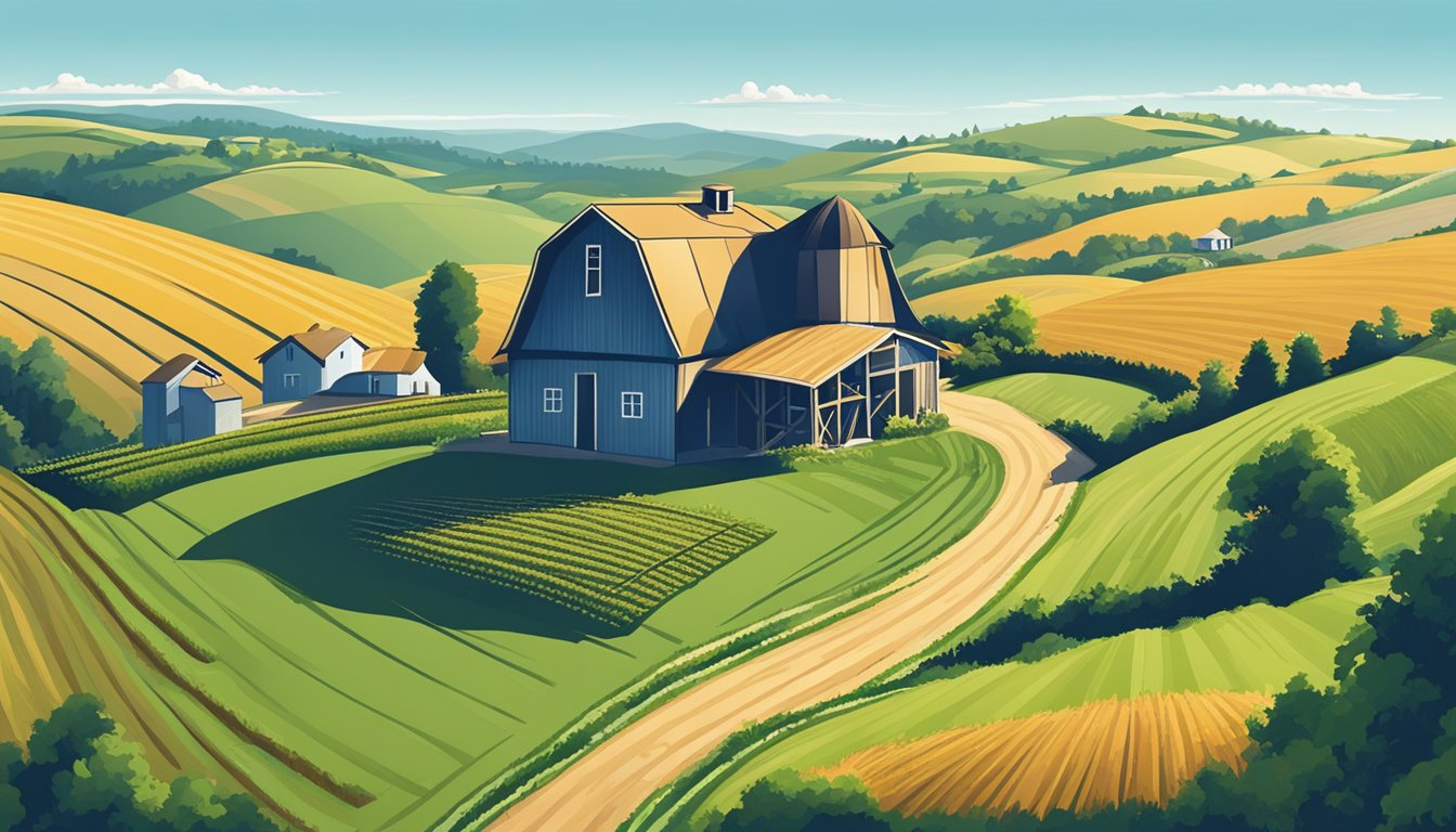 A rural landscape with a farmhouse, barn, and fields of crops, surrounded by rolling hills and a clear blue sky