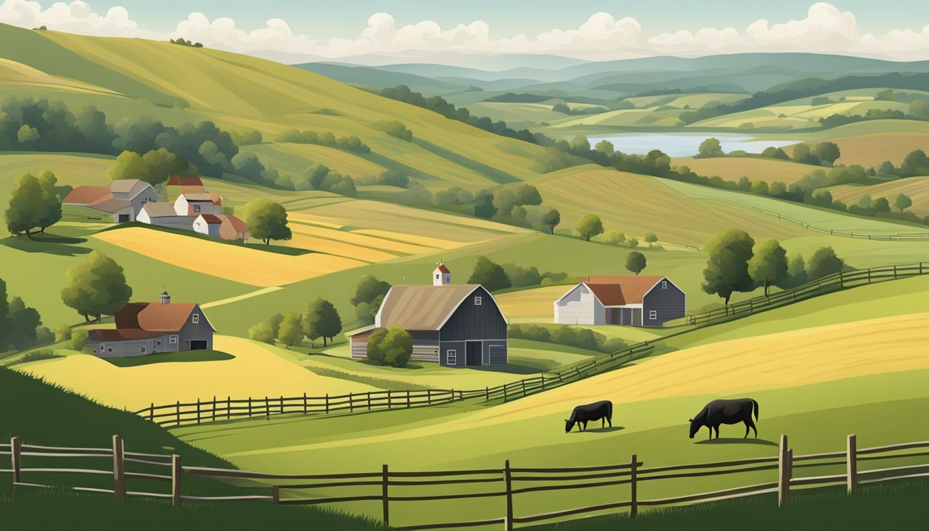 A rural landscape with a farmhouse, barn, and fields surrounded by rolling hills and grazing livestock