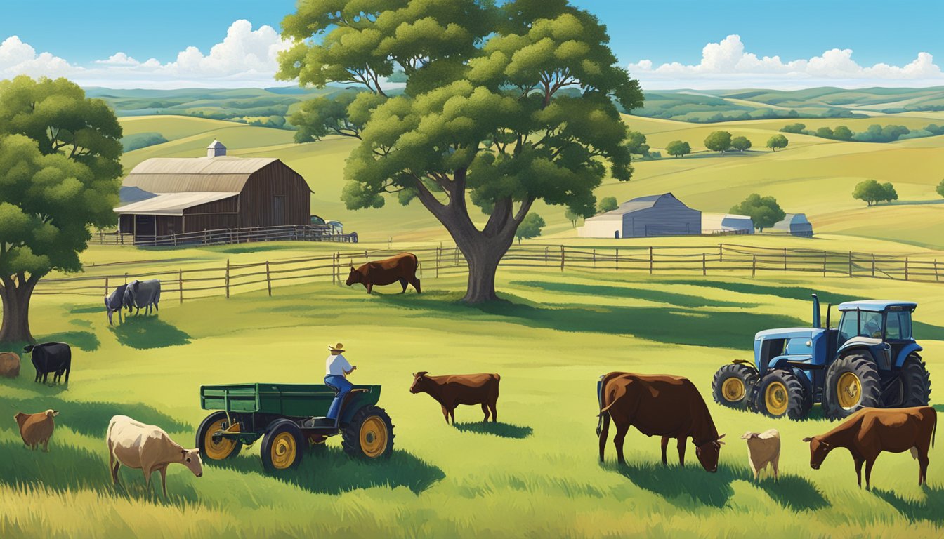 A picturesque rural landscape in Uvalde County, Texas, featuring a sprawling agricultural property with livestock, crops, and farm equipment, surrounded by rolling hills and a clear blue sky