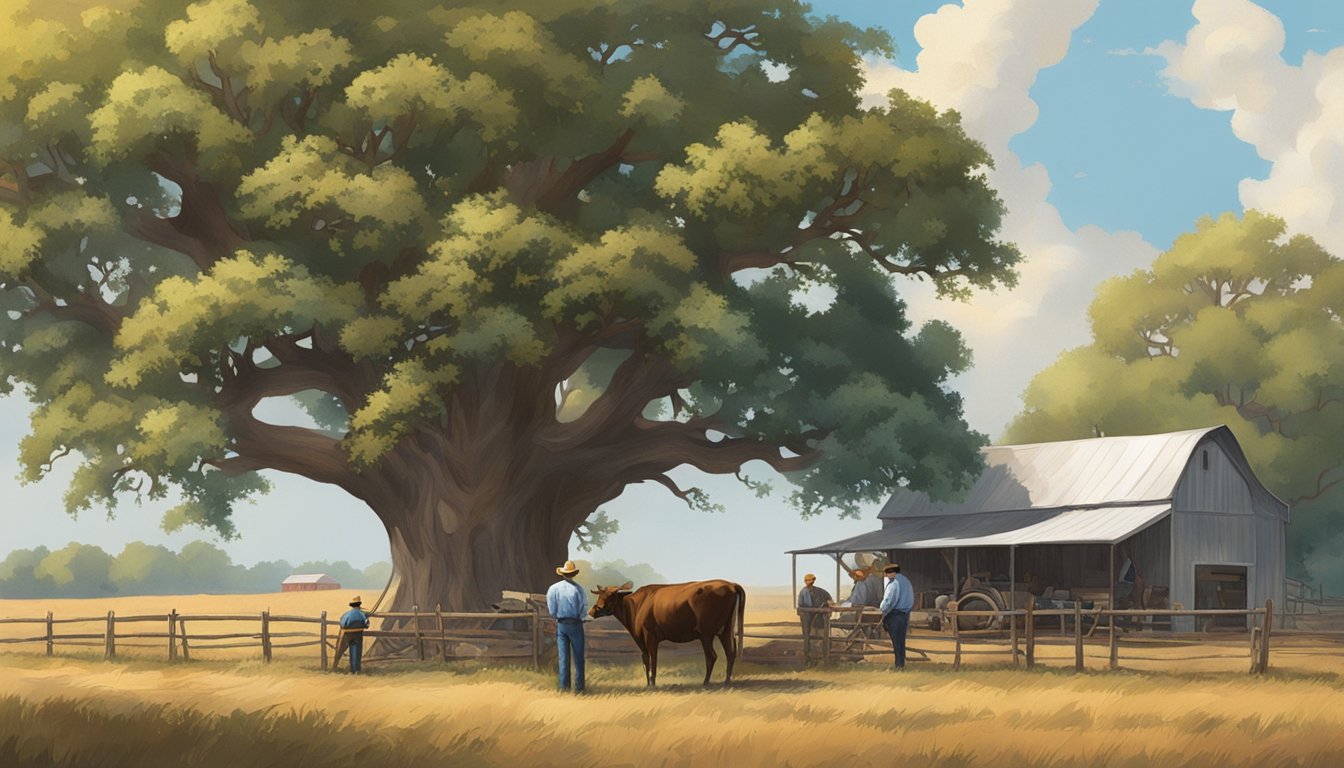 A sprawling Texas ranch with cattle, crops, and farm equipment. A county official reviews paperwork with a farmer under a large oak tree