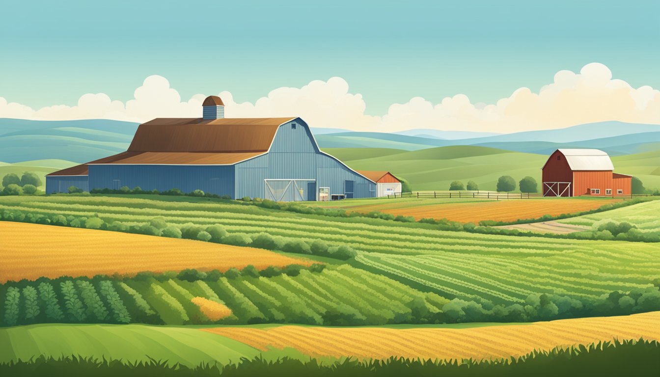 A sprawling farm with fields of crops, grazing livestock, and a barn, set against the backdrop of rolling hills and a clear blue sky