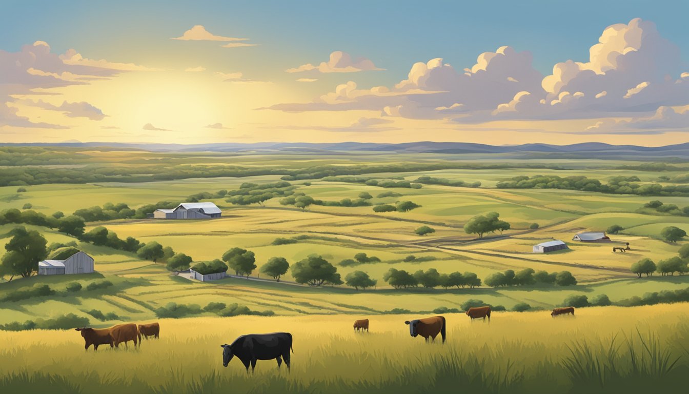 A rural landscape in Uvalde County, Texas, with a sprawling agricultural property and livestock grazing in the fields