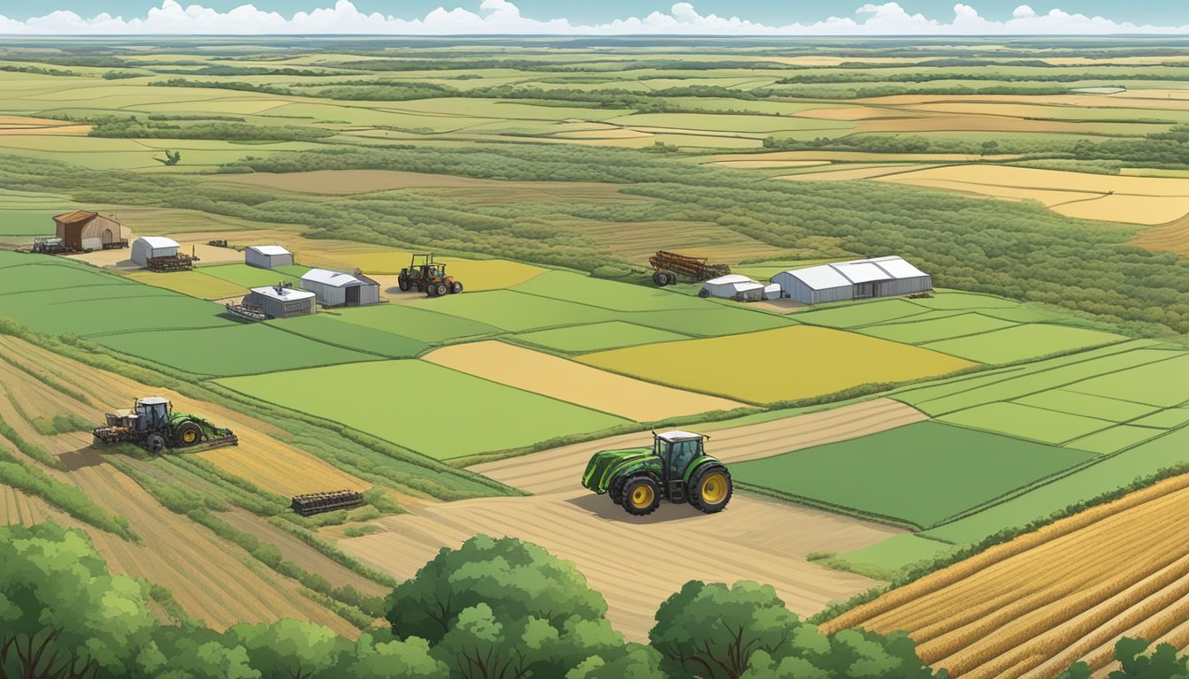 A sprawling landscape in Uvalde County, Texas, with fields of crops, grazing livestock, and agricultural machinery in action