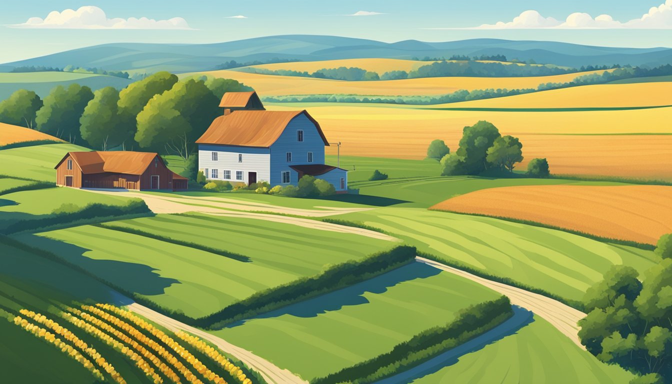 A rural landscape with a farmhouse, barn, and fields of crops under a clear blue sky