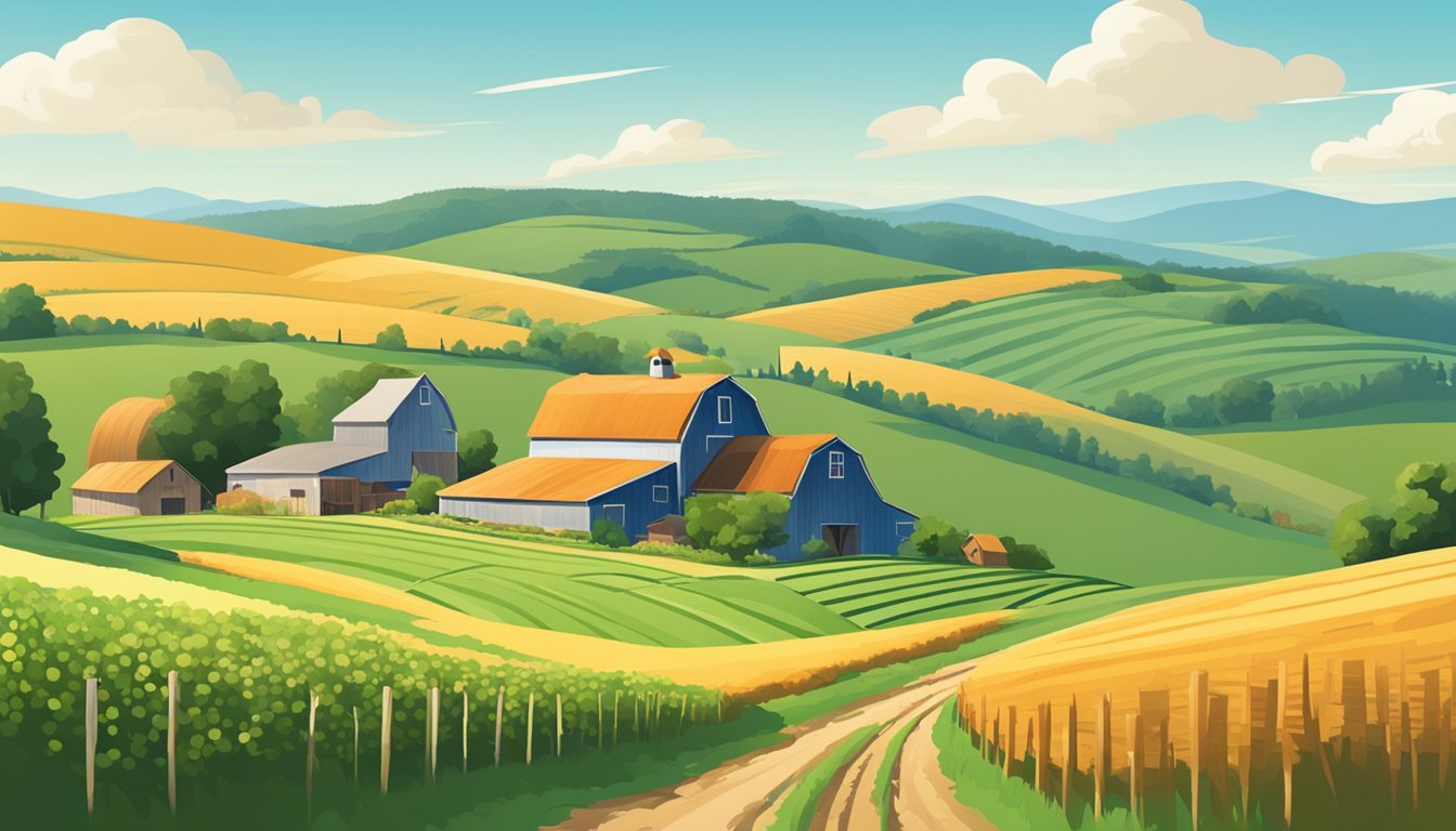 A rural landscape with a farmhouse, barn, and fields of crops, surrounded by rolling hills and a clear blue sky