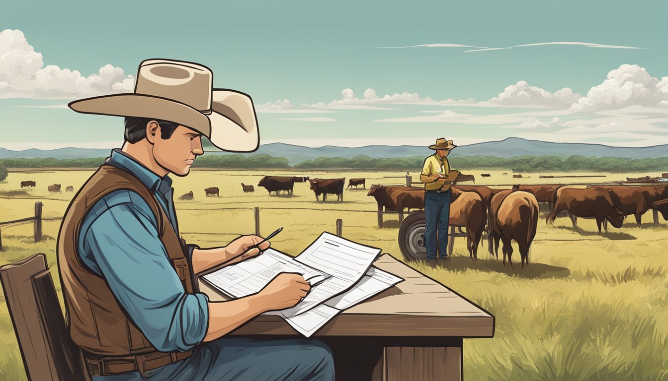 A rancher filling out paperwork with a county official, surrounded by fields and livestock in Uvalde County, Texas