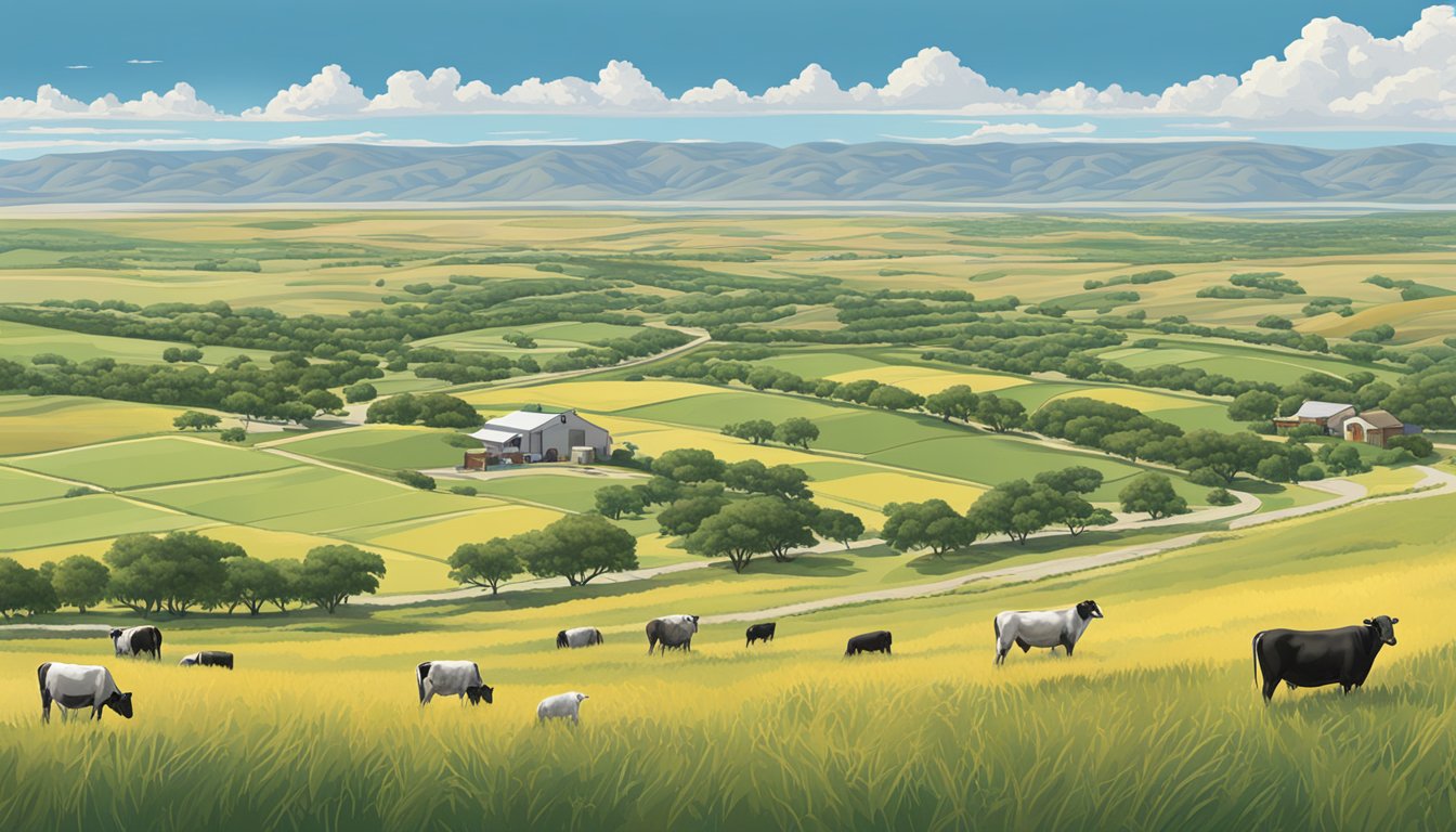 A sprawling ranch in Uvalde County, Texas, with vast fields of crops and grazing livestock, surrounded by rolling hills and clear blue skies