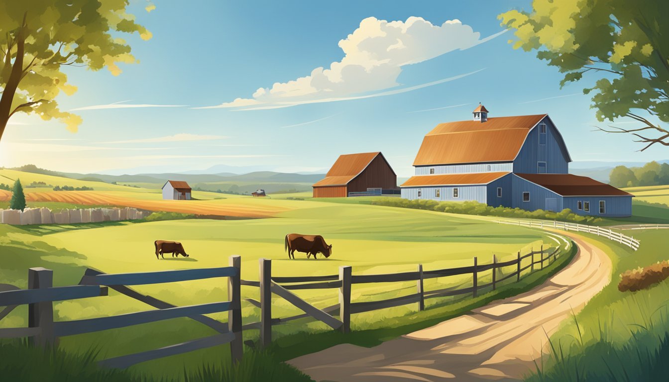 A rural landscape with a farmhouse, barn, and grazing livestock surrounded by open fields and a clear blue sky