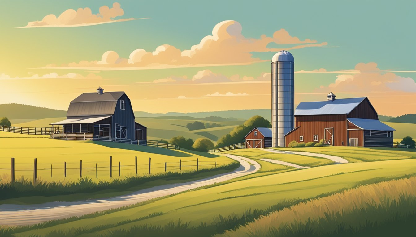 A rural landscape with a farmhouse, barn, and grazing livestock in Walker County, Texas. A clear sky and rolling hills complete the scene