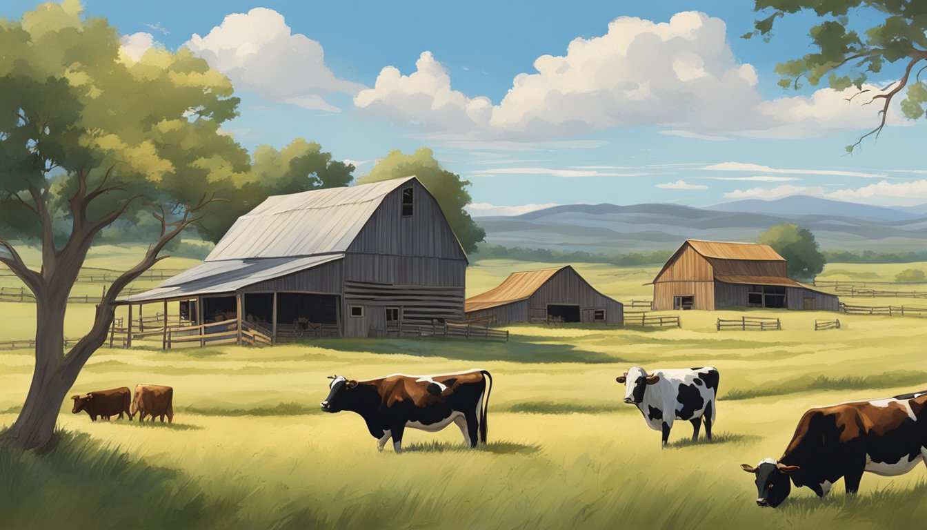 A sprawling Texas ranch with cattle grazing in open fields under a blue sky, surrounded by rolling hills and a rustic barn