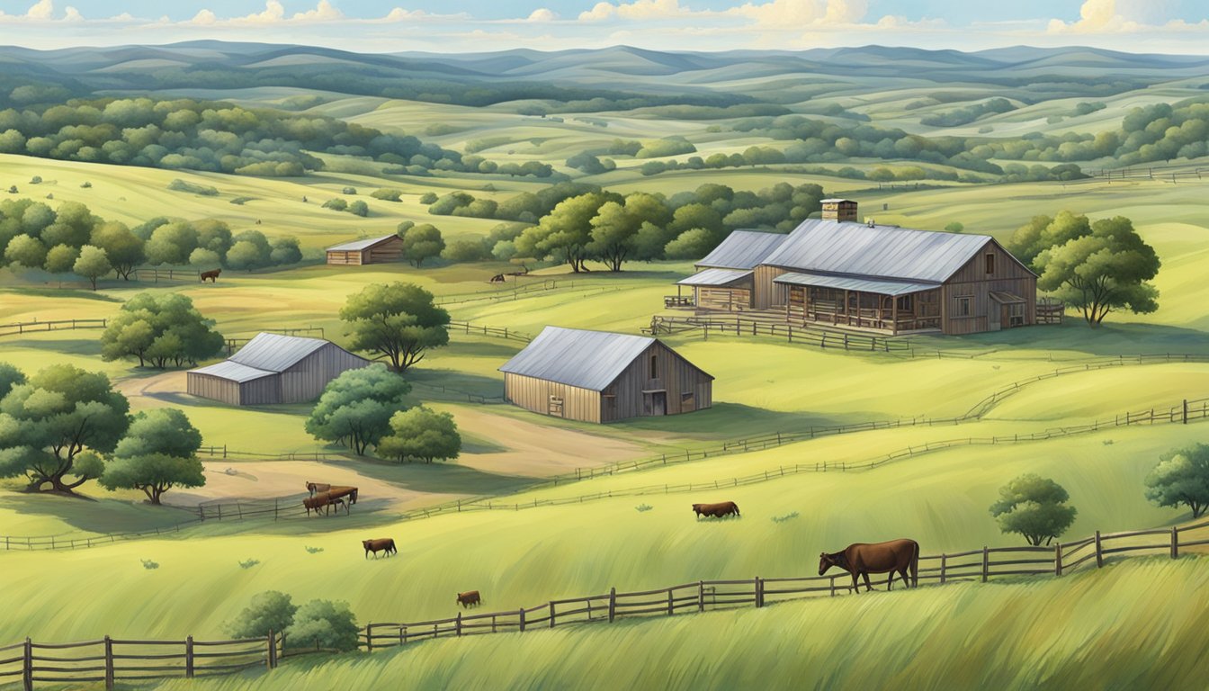 A sprawling Texas landscape with rolling hills, a ranch house, and livestock grazing in the fields