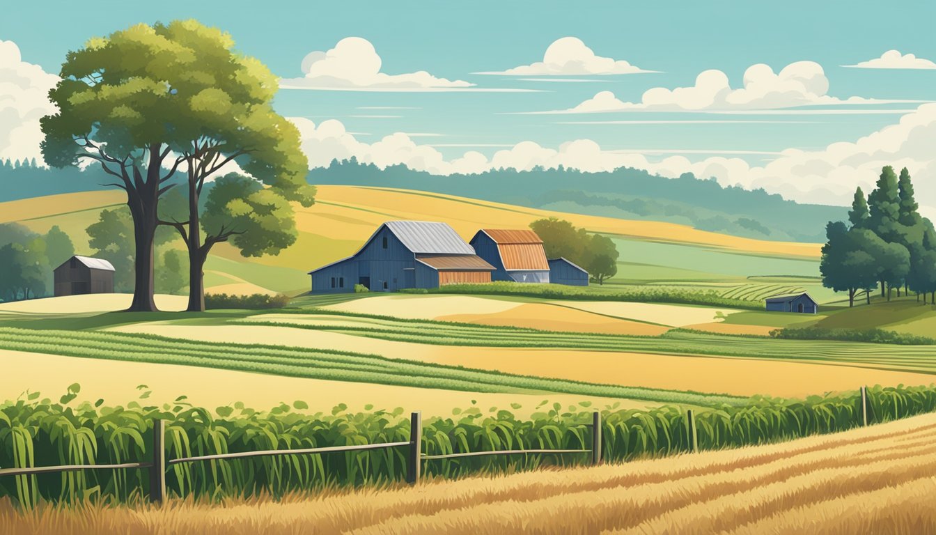 A rural landscape with a farmhouse, barn, and fields of crops under a clear blue sky