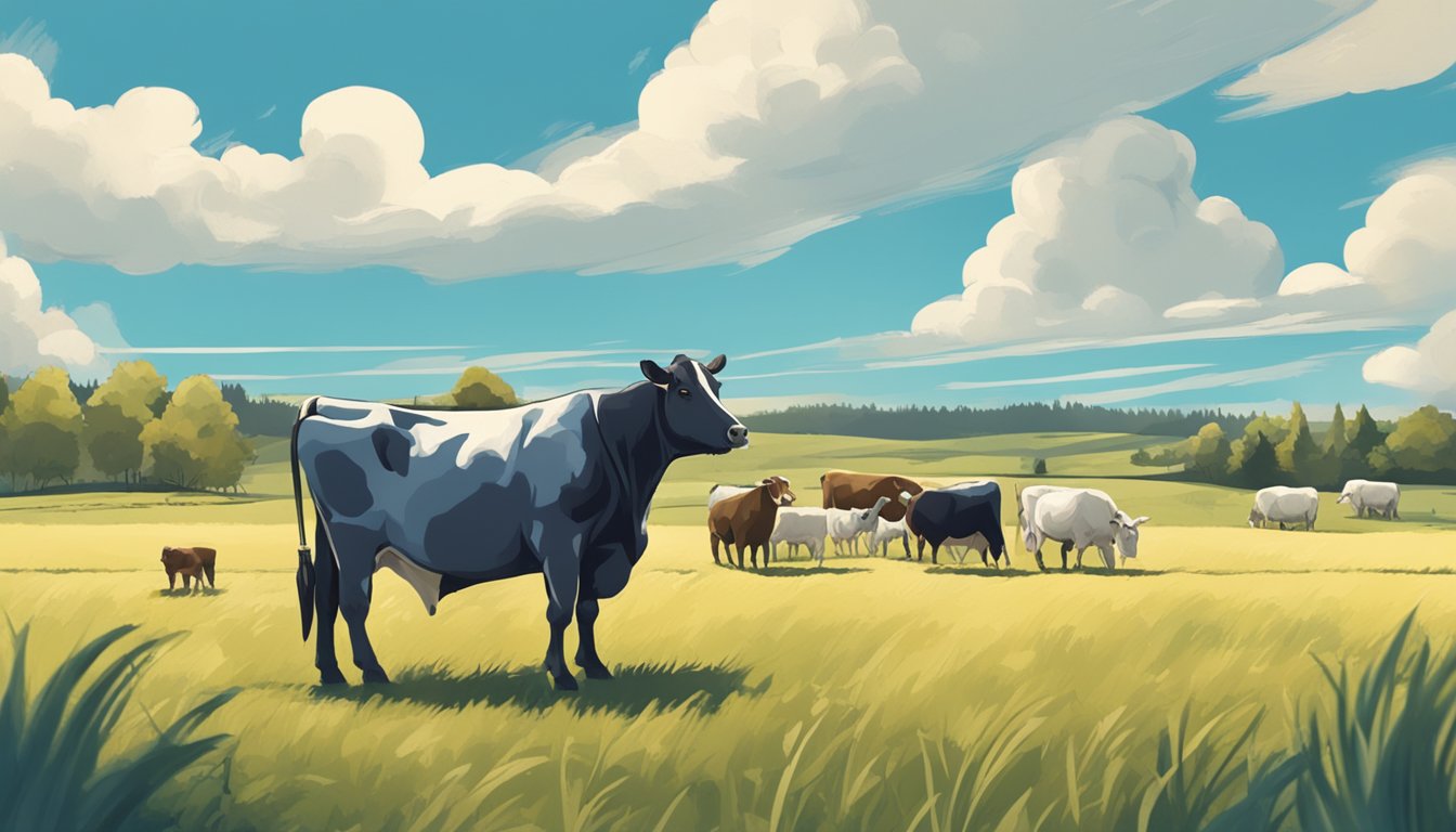 A farmer filling out paperwork while standing in a field with grazing livestock, under a blue sky with a few fluffy clouds