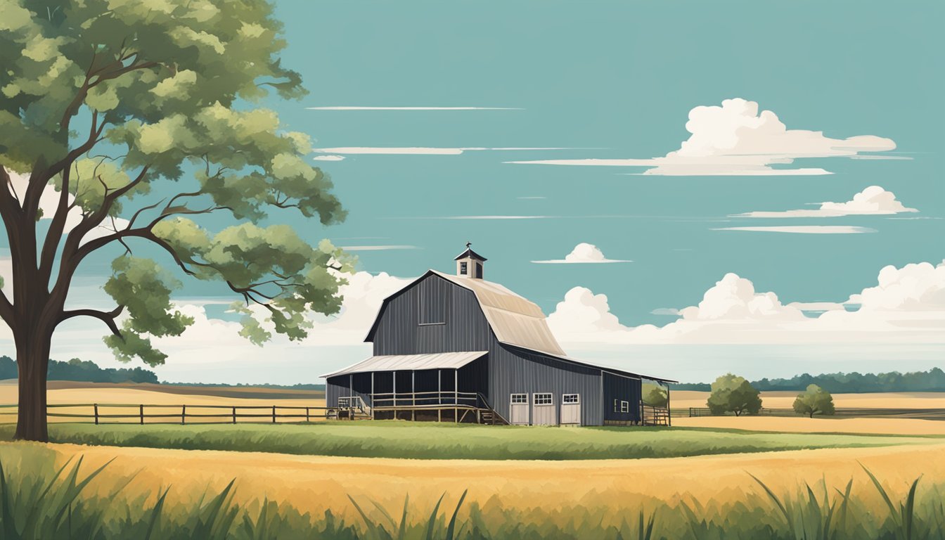 A rural landscape in Tyler County, Texas with a farmhouse, barn, and open fields, all marked with signs indicating agricultural tax exemption