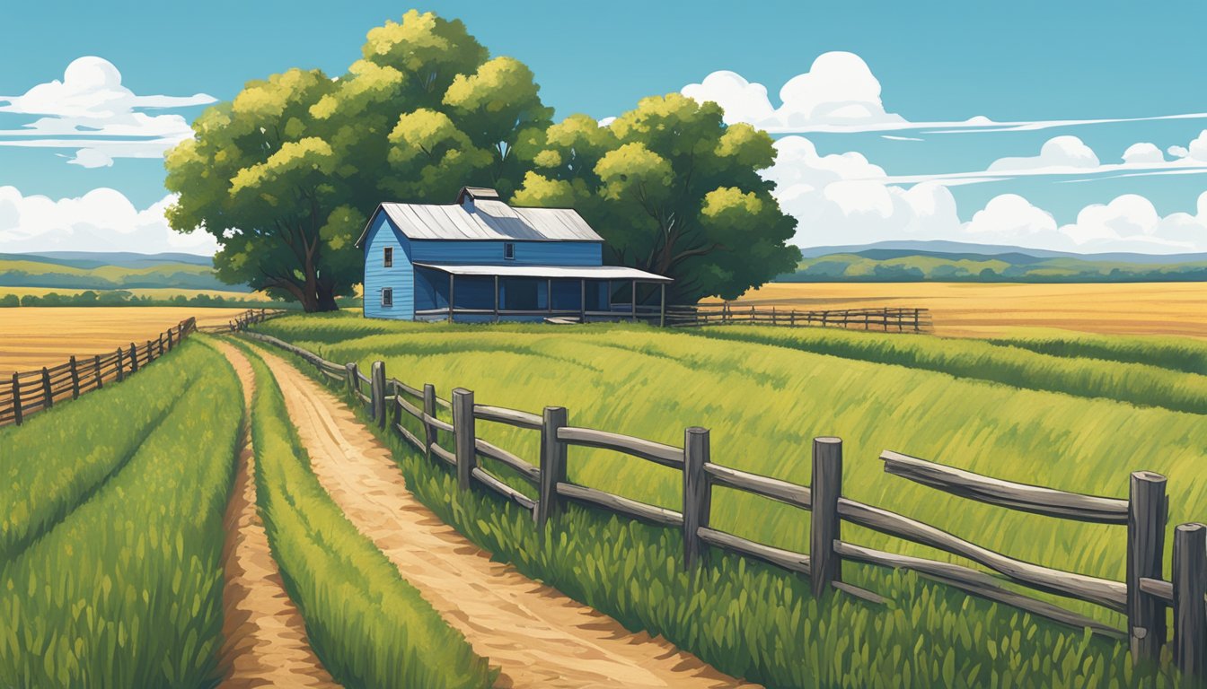 Rolling fields of crops under a bright blue sky, bordered by a rustic wooden fence and a small farmhouse in Throckmorton County, Texas