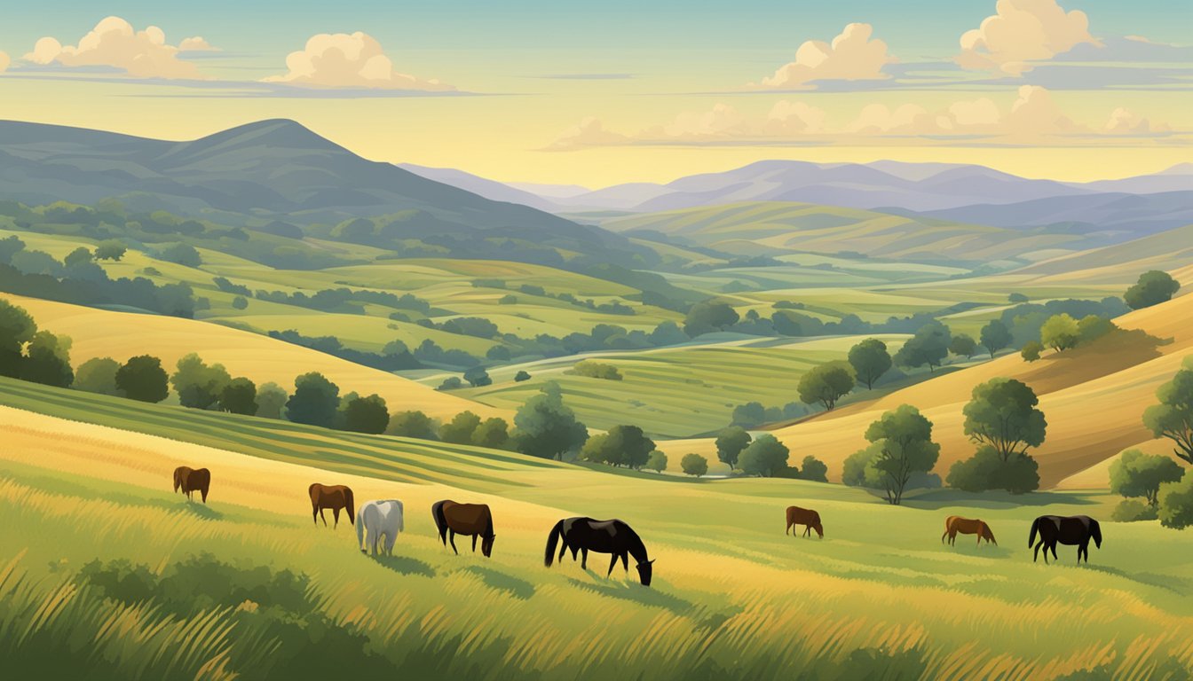 Rolling hills of ranchland dotted with grazing cattle and horses, bordered by fields of crops and patches of native vegetation