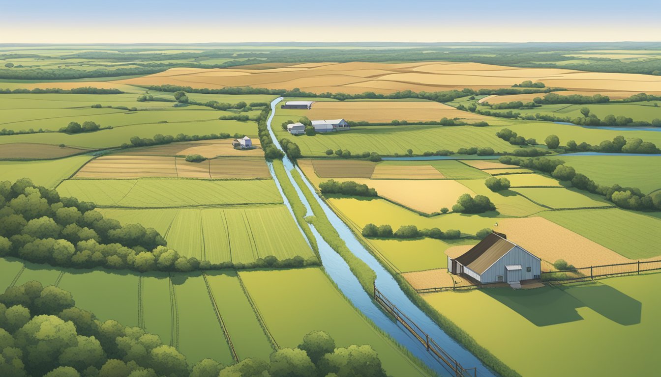 A sprawling rural landscape in Upton County, Texas, with fields of crops and grazing livestock, surrounded by a fence with a sign indicating agricultural exemption