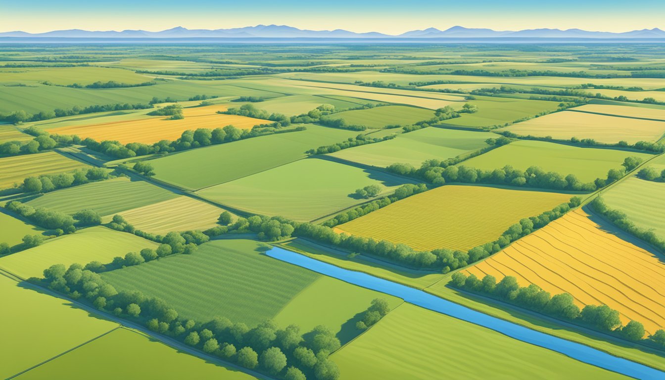 A vast expanse of farmland in Upton County, Texas, with fields of crops and grazing livestock, under a clear blue sky