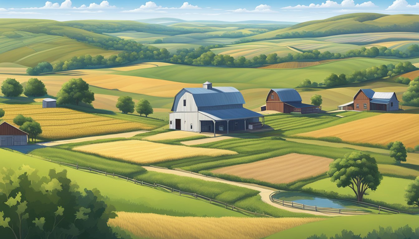 A rural landscape in Taylor County, Texas, with a farmhouse, barn, and fields of crops, surrounded by rolling hills and a clear blue sky