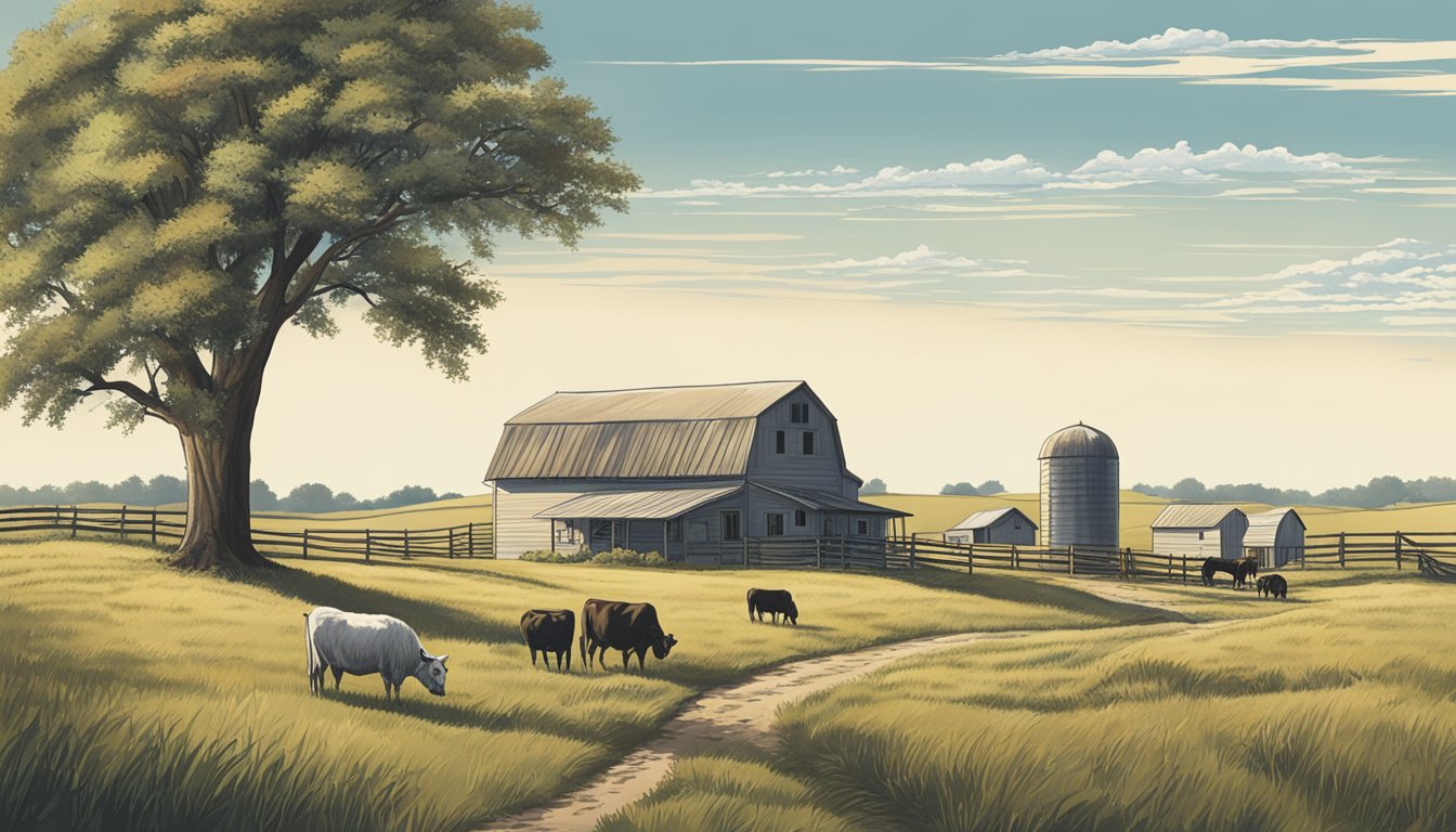 A rural landscape with a farmhouse, barn, and grazing livestock under a clear sky in Taylor County, Texas