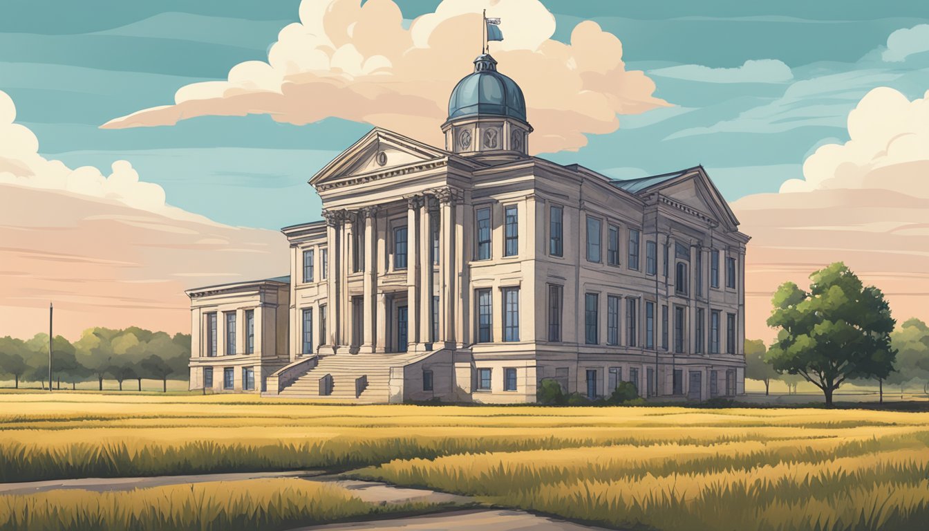 An illustration of a rural landscape in Upton County, Texas, with a government building and farmland representing agricultural exemption