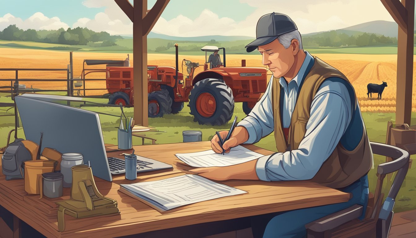 A farmer filling out paperwork at a desk with a county official, surrounded by agricultural equipment and livestock