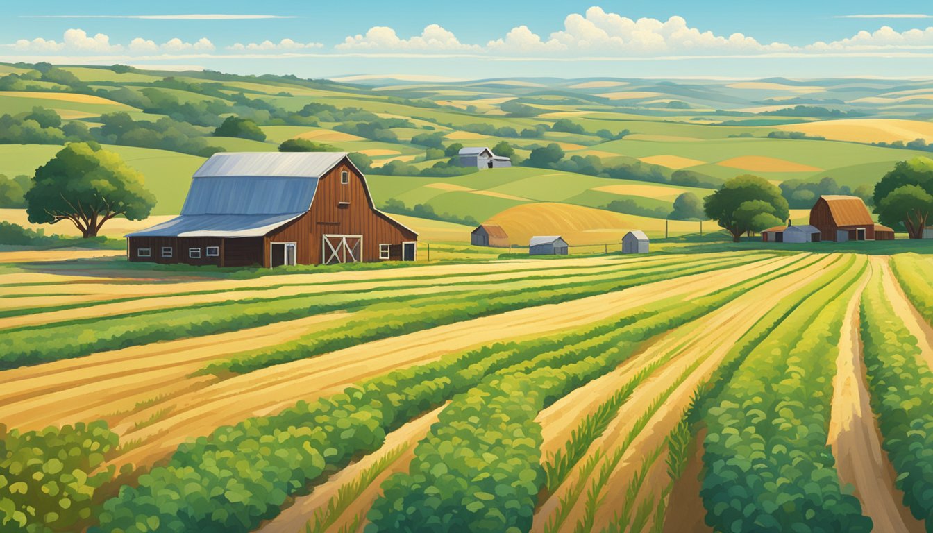 A vast field of crops stretches out under the Texas sun, surrounded by rolling hills and a clear blue sky. A small farmhouse and barn sit in the distance, surrounded by grazing livestock