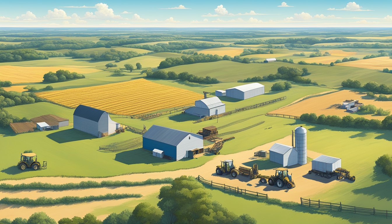 A rural landscape in Terry County, Texas with farmland, livestock, and agricultural equipment, under a clear blue sky