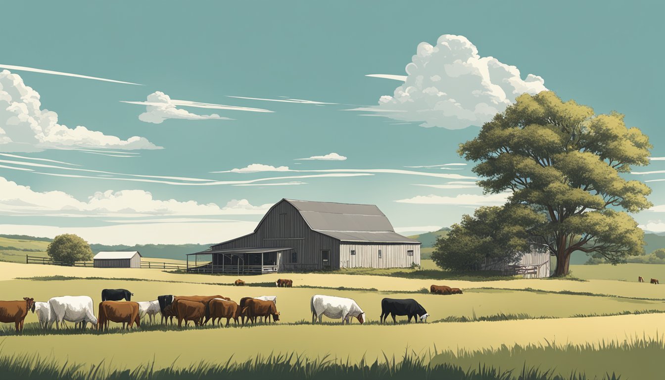 A rural landscape with a farmhouse, barn, and grazing livestock under a clear sky in Taylor County, Texas