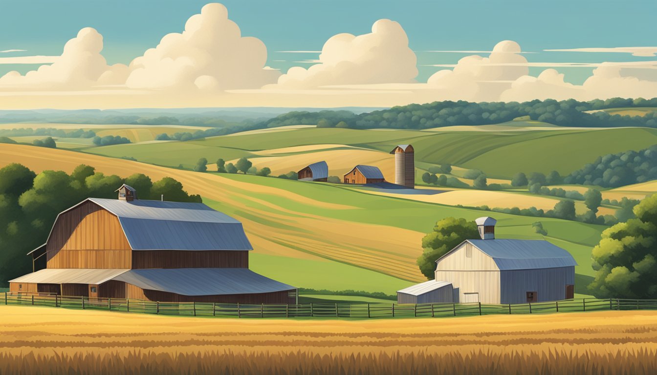 A rural landscape with a farmhouse, barn, and fields of crops under a clear Texas sky