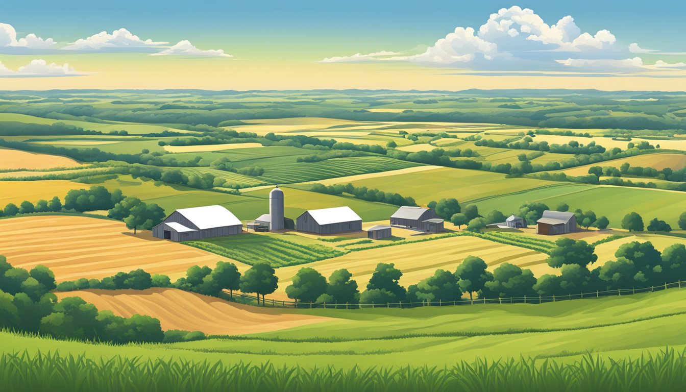 A rural landscape in Terry County, Texas with a large agricultural property, livestock, and fields of crops, under a clear blue sky