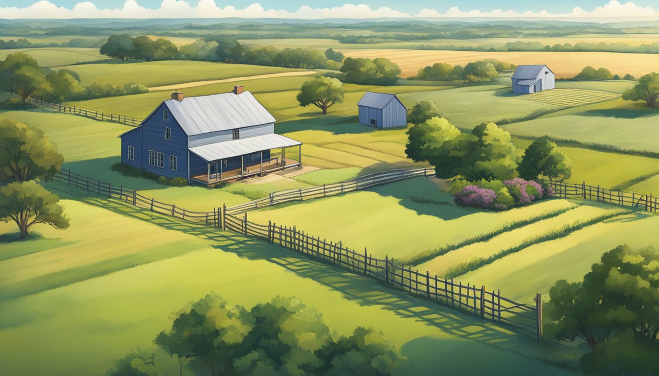 A rural landscape in Terry County, Texas, with a farmhouse, fields of crops, and grazing livestock, all under the Texas ag exemption legal framework