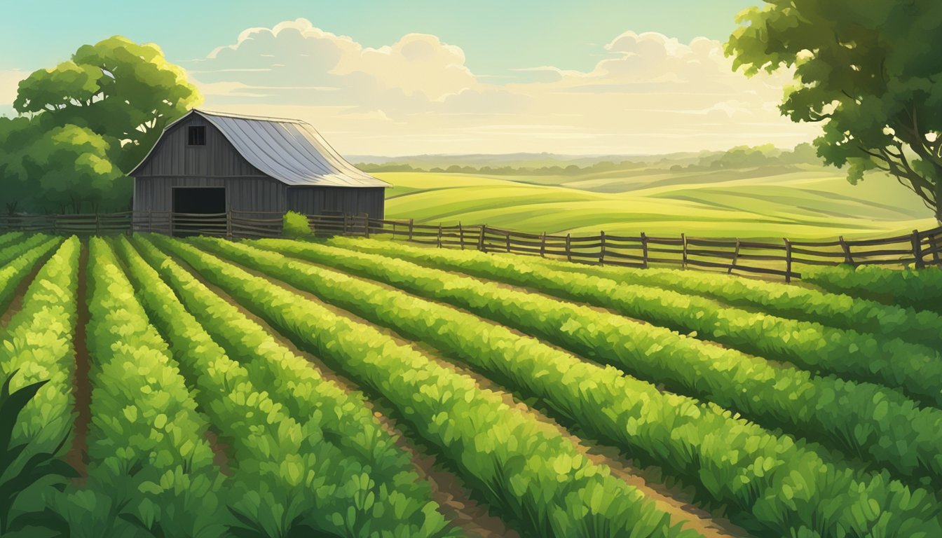 A vast field of lush green crops surrounded by a rustic fence, with a small barn in the distance under the bright Texas sun