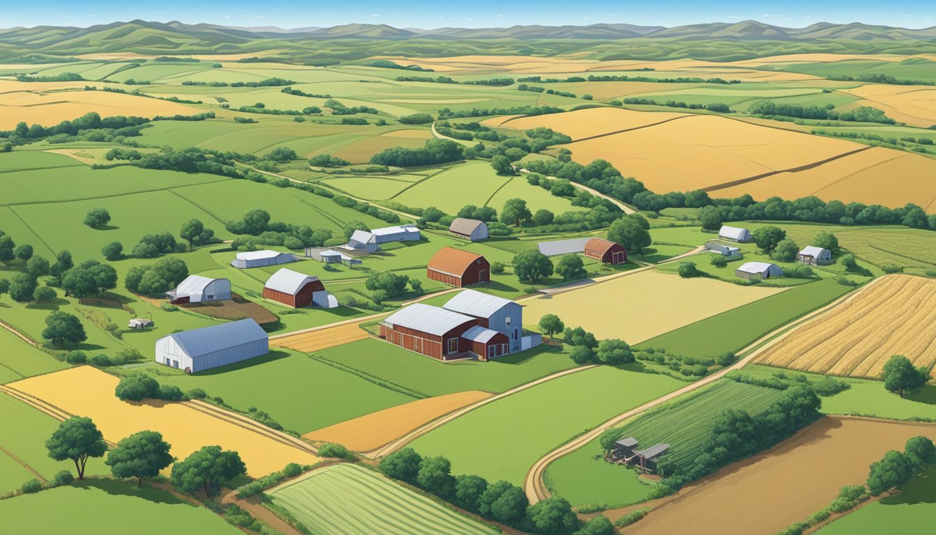 A sprawling farm in Sutton County, Texas, with fields of crops and grazing livestock, surrounded by rolling hills and a clear blue sky