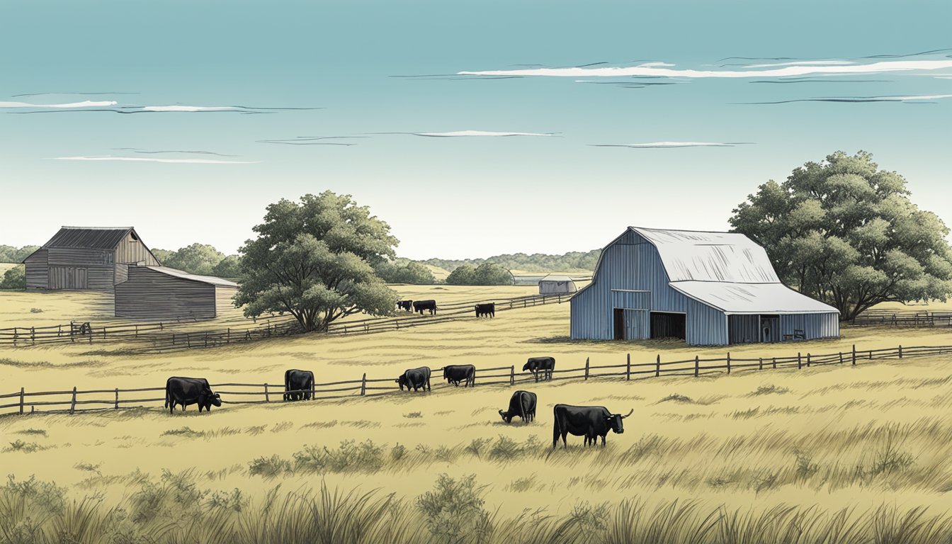 An open field with grazing cattle, a rustic barn, and a clear blue sky in Sutton County, Texas