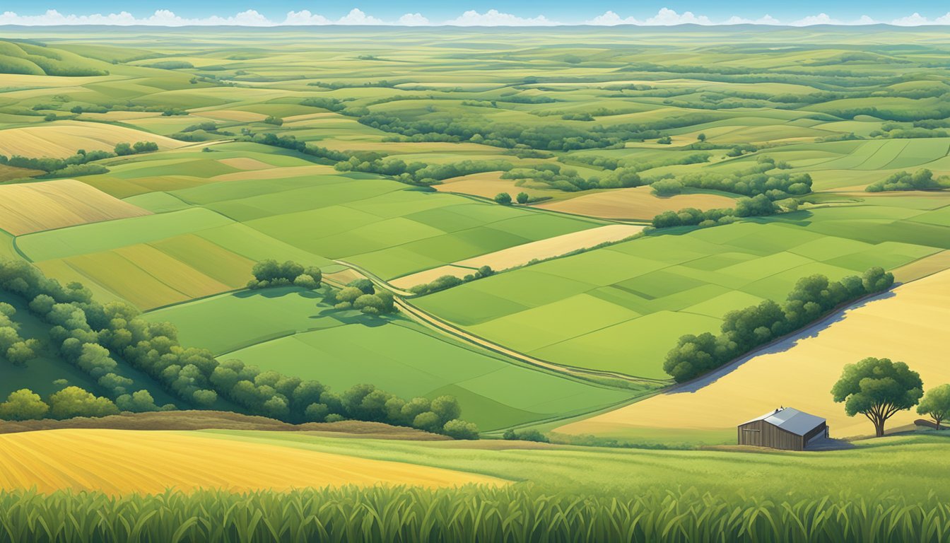 A vast expanse of agricultural land in Sutton County, Texas, with rolling hills, fields of crops, and grazing livestock under a clear blue sky