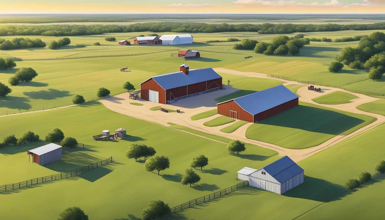 A ranch in Tarrant County, Texas with wide open fields, grazing cattle, and a barn with the Texas Agricultural Exemption sign displayed