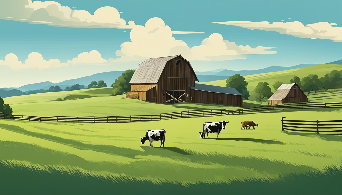 Rolling hills of green pastures with grazing cattle, a rustic barn, and a clear blue sky