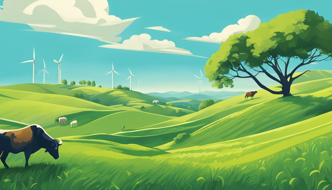 Rolling hills of green pastures dotted with grazing livestock, wind turbines on the horizon, and a clear blue sky above