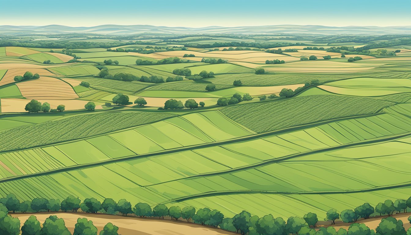 A vast, open field in Tarrant County, Texas, with rows of crops and grazing livestock, surrounded by rolling hills and a clear blue sky